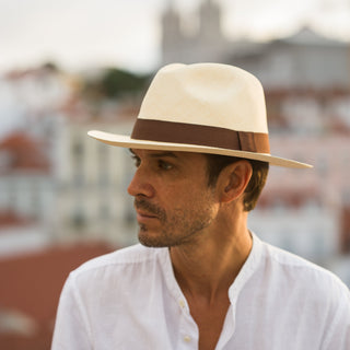 Mens Classical Panama Hat in a Fedora style and natural colour.  Signature, fine weave.